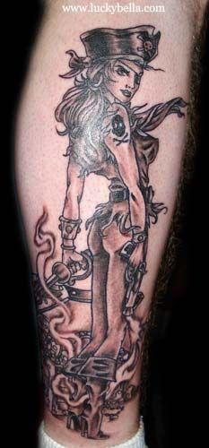 Black Ink Pirate Girl Tattoo Design For Leg