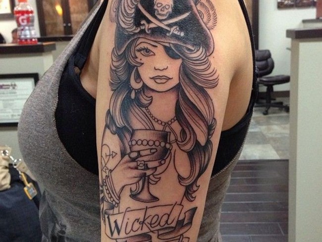 Black Ink Pirate Girl With Banner Tattoo On Left Half Sleeve