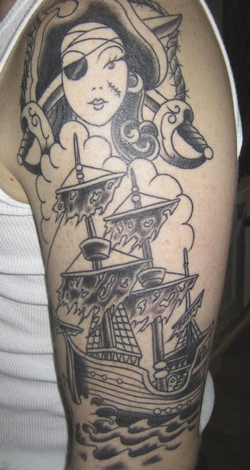 Black Ink Pirate Girl With Ship Tattoo On Man Left Half Sleeve