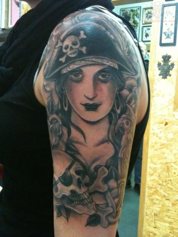 Black Ink Pirate Girl With Skull Tattoo On Left Half Sleeve