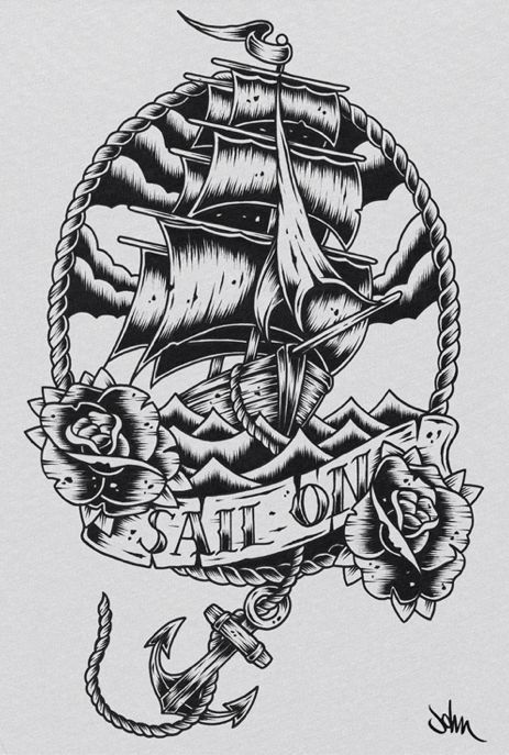 Black Ink Pirate Ship In Rope Frame With Banner And Anchor Tattoo Design