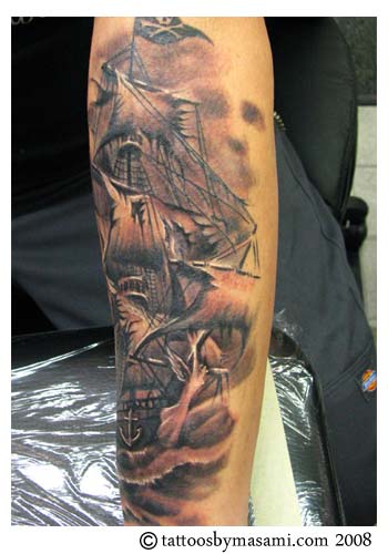 Black Ink Pirate Ship Tattoo Design For Arm