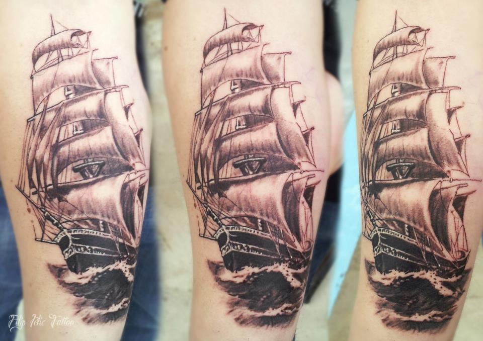 Black Ink Pirate Ship Tattoo Design For Arm