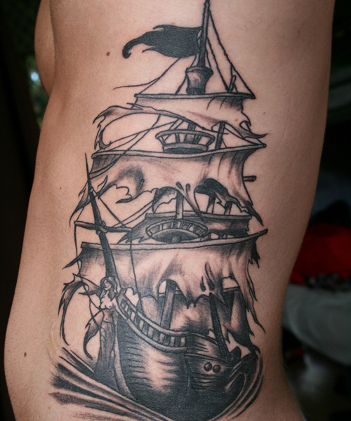 Black Ink Pirate Ship Tattoo Design For Side Rib