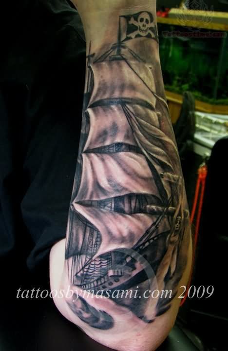 Black Ink Pirate Ship Tattoo On Forearm