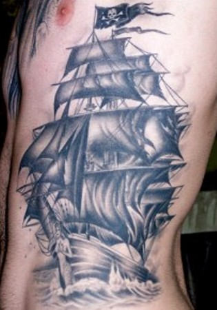 Black Ink Pirate Ship Tattoo On Man Left Side Rib