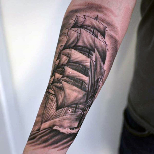 Black Ink Pirate Ship Tattoo On Right Forearm