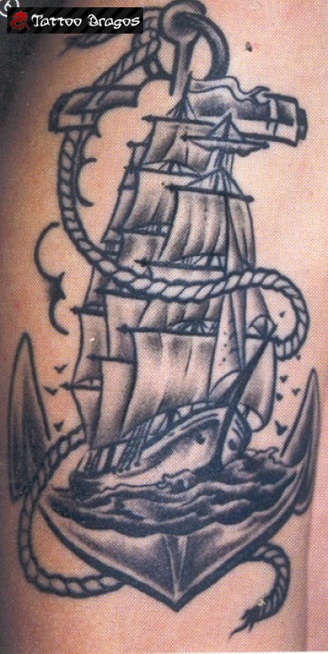 Black Ink Pirate Ship With Anchor Tattoo Design For Half Sleeve