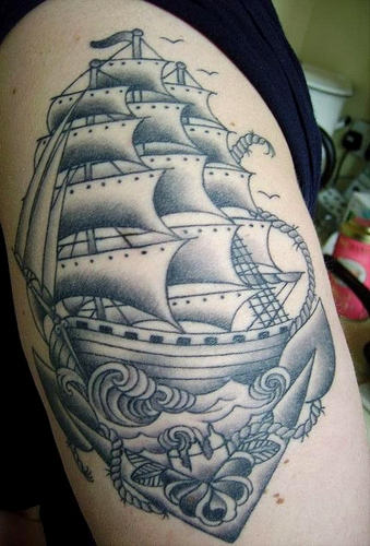 Black Ink Pirate Ship With Anchor Tattoo On Right Half Sleeve