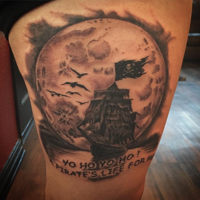 Black Ink Pirate Ship With Full Moon Tattoo On Right Thigh