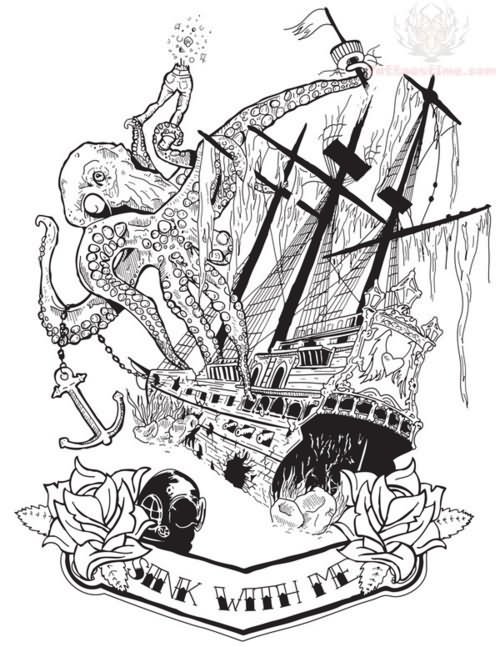 Black Ink Pirate Ship With Octopus And Banner Tattoo Design