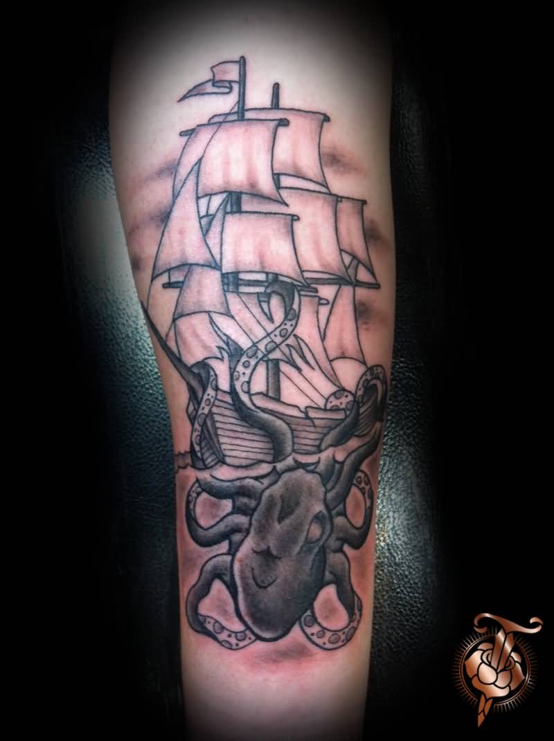 Black Ink Pirate Ship With Octopus Tattoo Design For Forearm