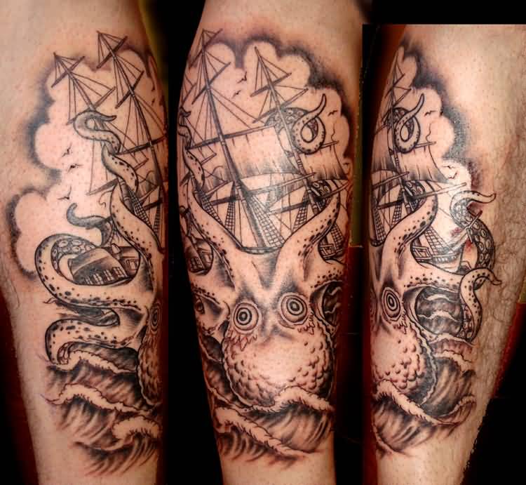 Black Ink Pirate Ship With Octopus Tattoo Design For Leg Calf
