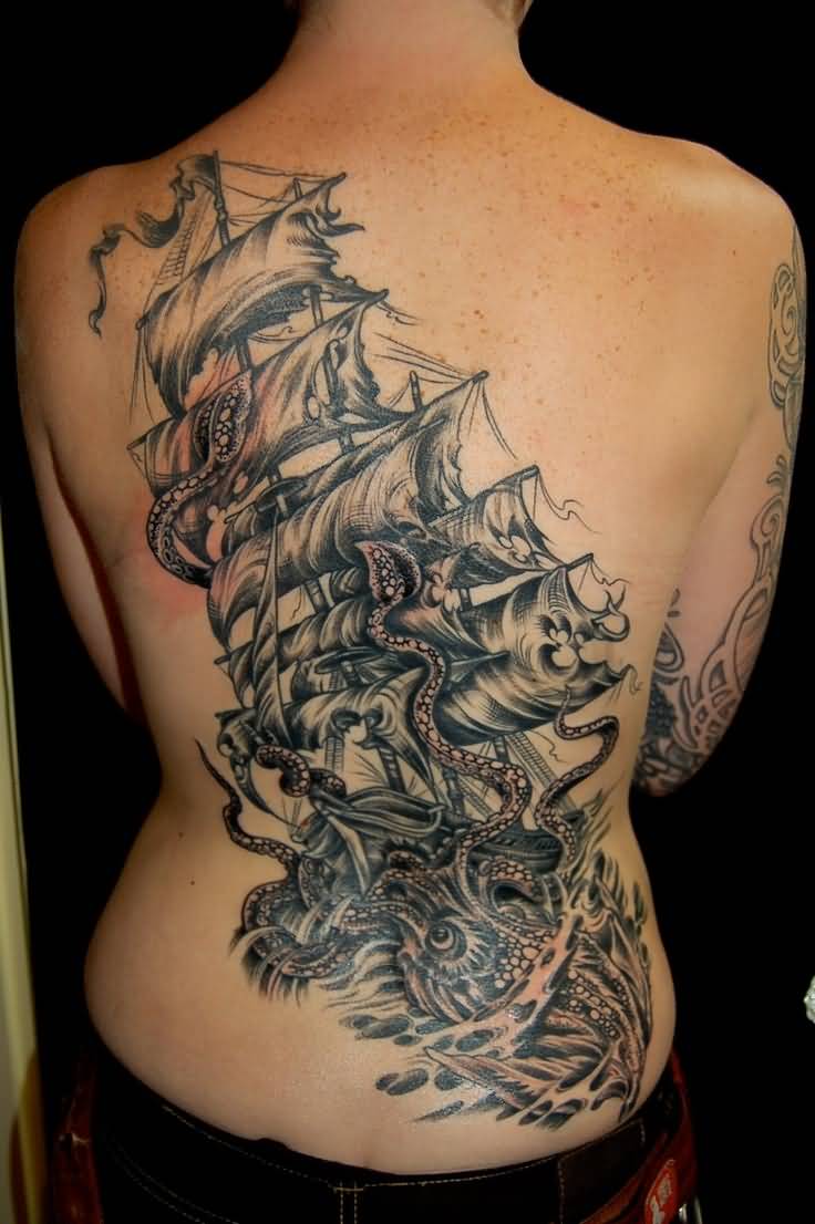 Black Ink Pirate Ship With Octopus Tattoo On Full Back