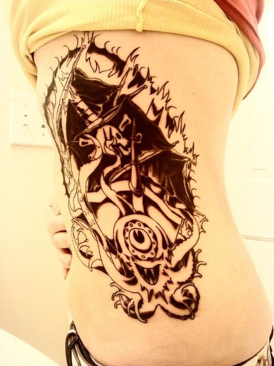 Black Ink Pirate Ship With Octopus Tattoo On Girl Side Rib
