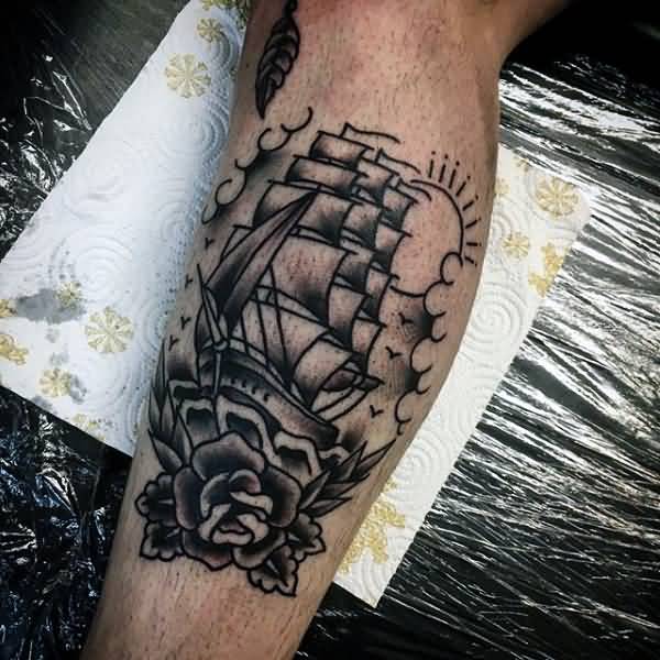 Black Ink Pirate Ship With Rose Tattoo Design For Forearm