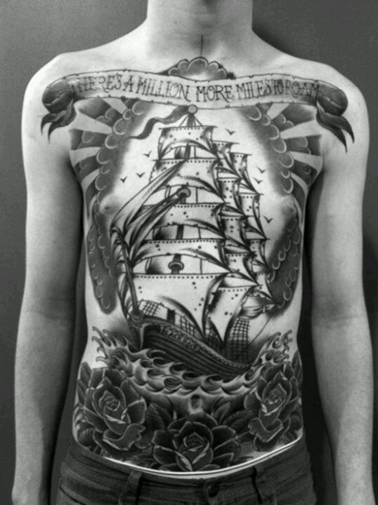 Black Ink Pirate Ship With Roses And Banner Tattoo On Man Full Body