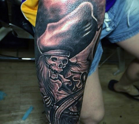Black Ink Pirate Skeleton Tattoo Design For Leg