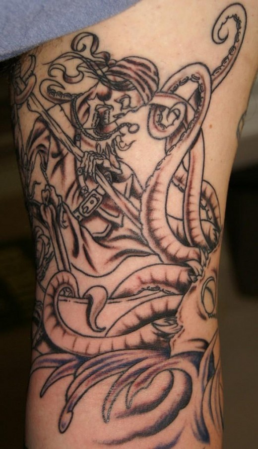 Black Ink Pirate Skeleton With Octopus Tattoo Design For Half Sleeve