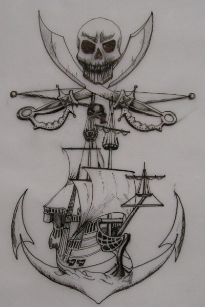 Black Ink Pirate Skull With Anchor And Ship Tattoo Design