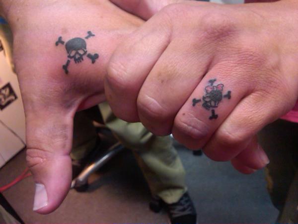 Black Ink Pirate Skull With Crossbone Tattoo On Couple Hand