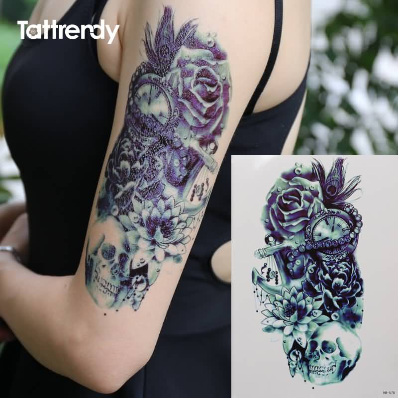 Black Ink Pirate Skull With Flowers Tattoo On Women Left Half Sleeve