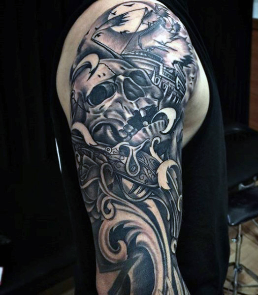 Black Ink Pirate Skull With Gun And Ship Tattoo On Man Right Half Sleeve
