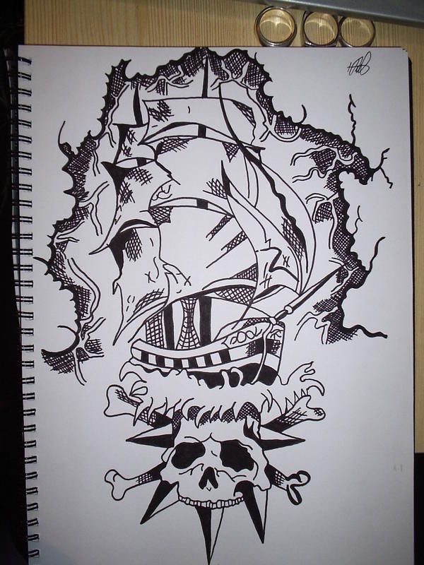 Black Ink Pirate Skull With Ship Tattoo Design