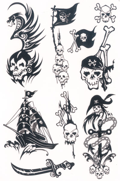 Black Ink Pirate Skull With Ship Tattoo Flash