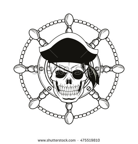 Black Ink Pirate Skull With Ship Wheel Tattoo Stencil