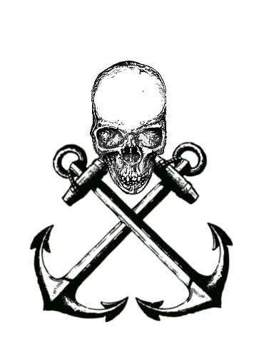Black Ink Pirate Skull With Two Crossing Anchor Tattoo Design