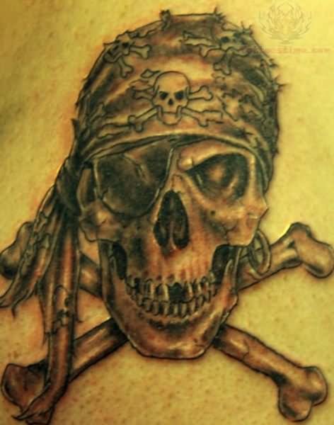Black Ink Pirate Skull With Two Crossing Bones Tattoo Design
