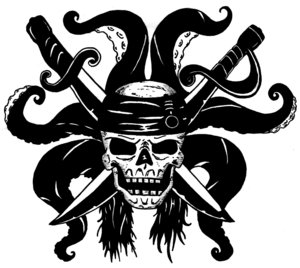Black Ink Pirate Skull With Two Crossing Dagger Tattoo Design