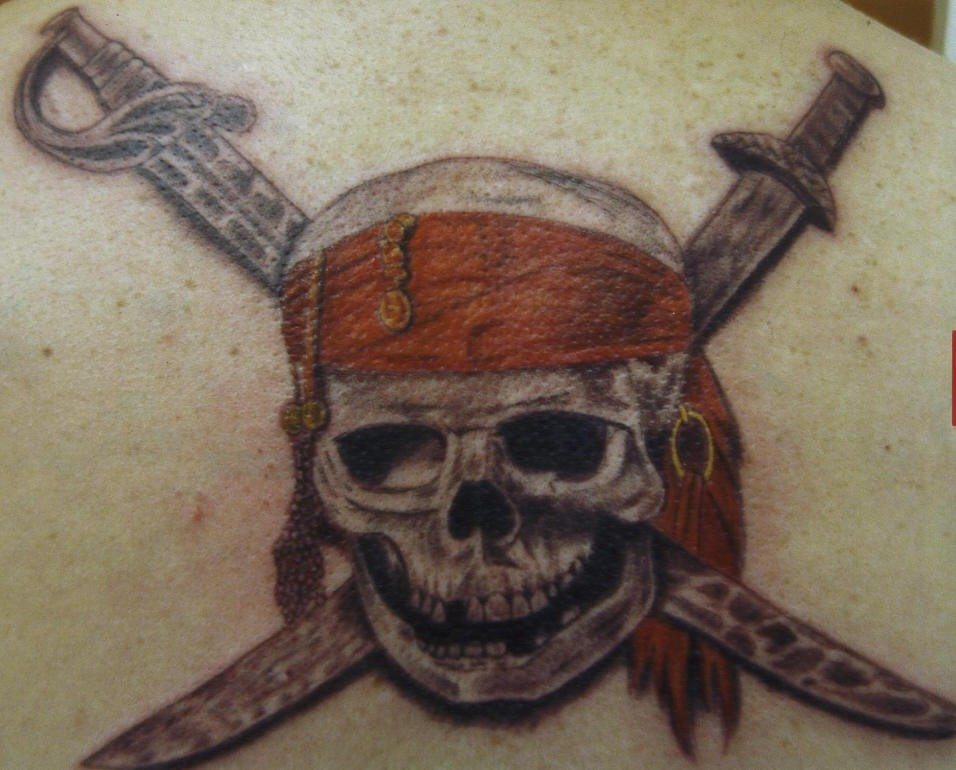 Black Ink Pirate Skull With Two Crossing Swords Tattoo Design