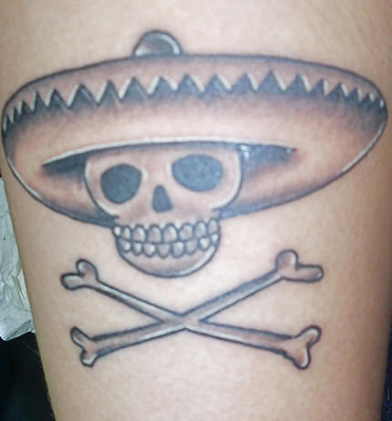 Black Ink Pirate Symbol Tattoo Design For Half Sleeve