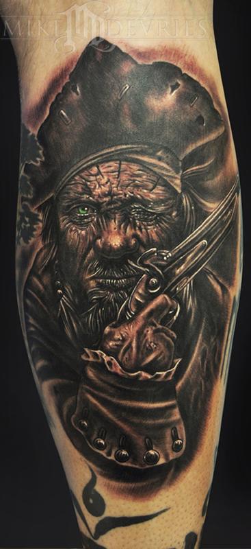Black Ink Pirate Tattoo Design For Leg Calf