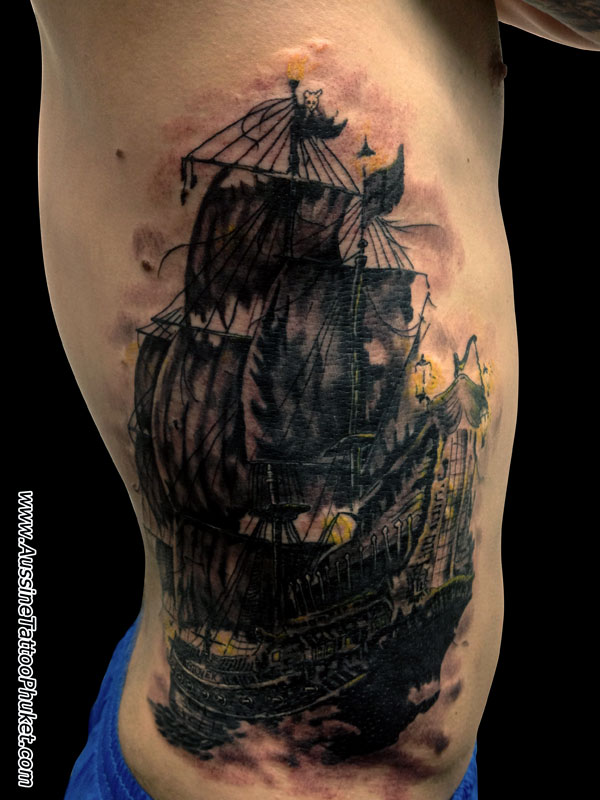 Black Ink Pirate Tattoo On Man Right Side Rib