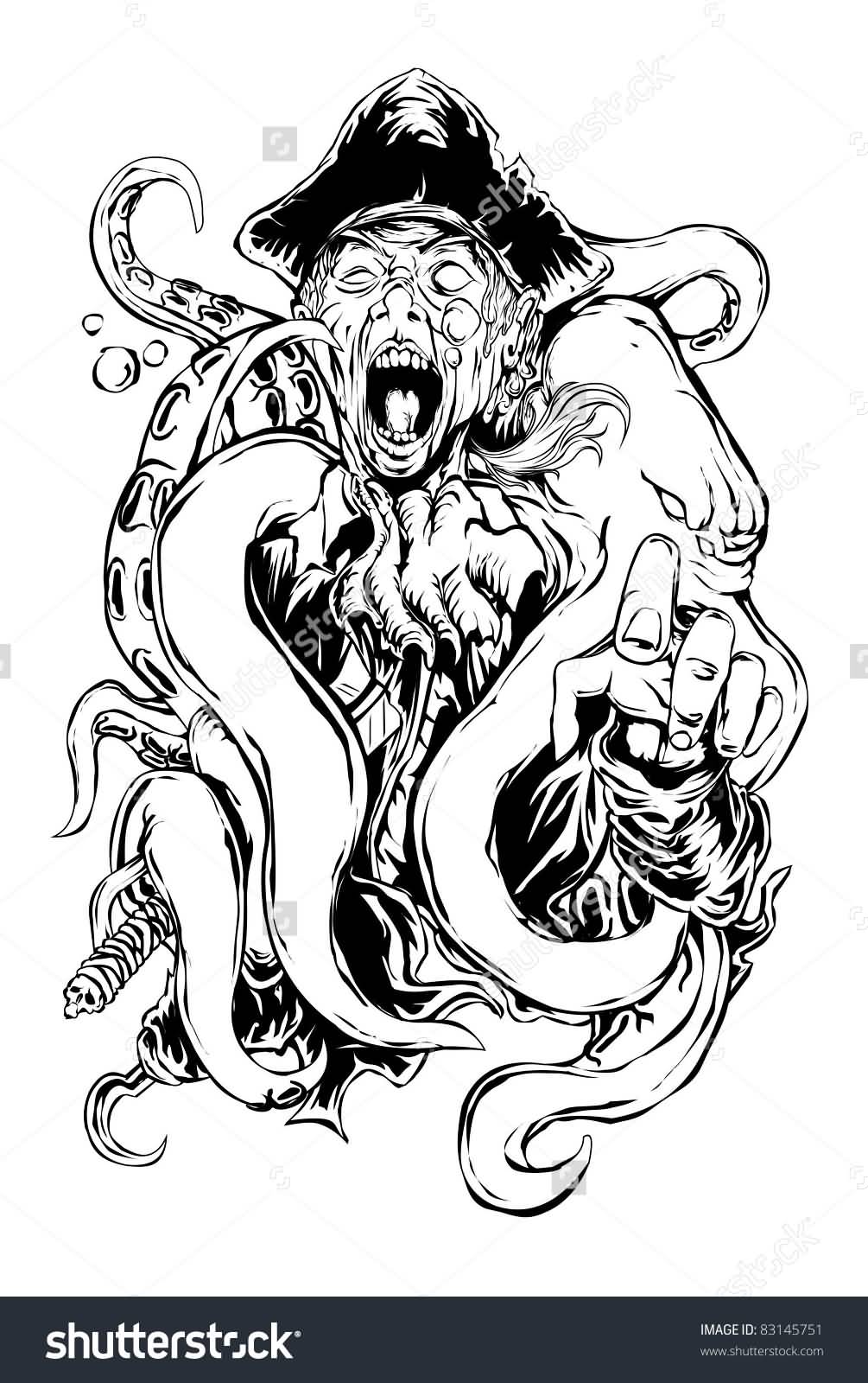 Black Ink Pirate With Octopus Tattoo Design