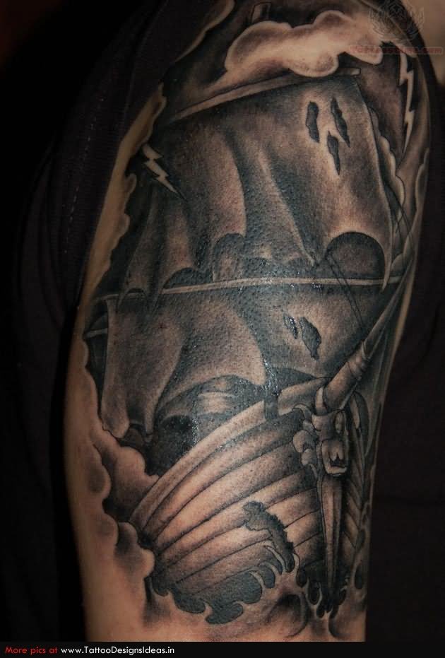 Black Ink Ripped Skin Pirate Ship Tattoo On Man Right Half Sleeve