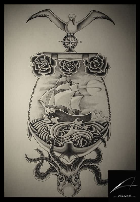 Black Ink Ship In Anchor Frame With Roses And Octopus Tattoo Design