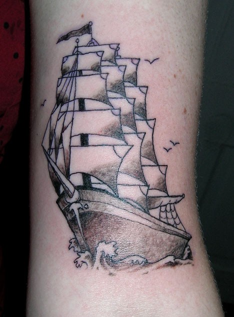 Black Ink Simple Pirate Ship Tattoo Design For Sleeve