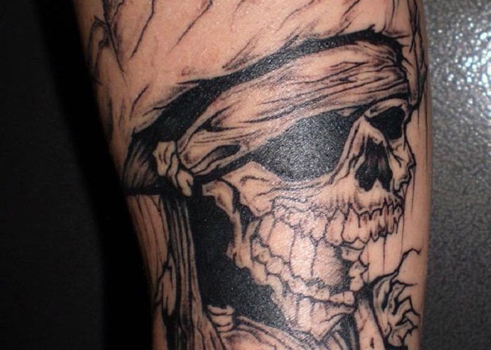 Black Ink Skull Tattoo Design For Half Sleeve