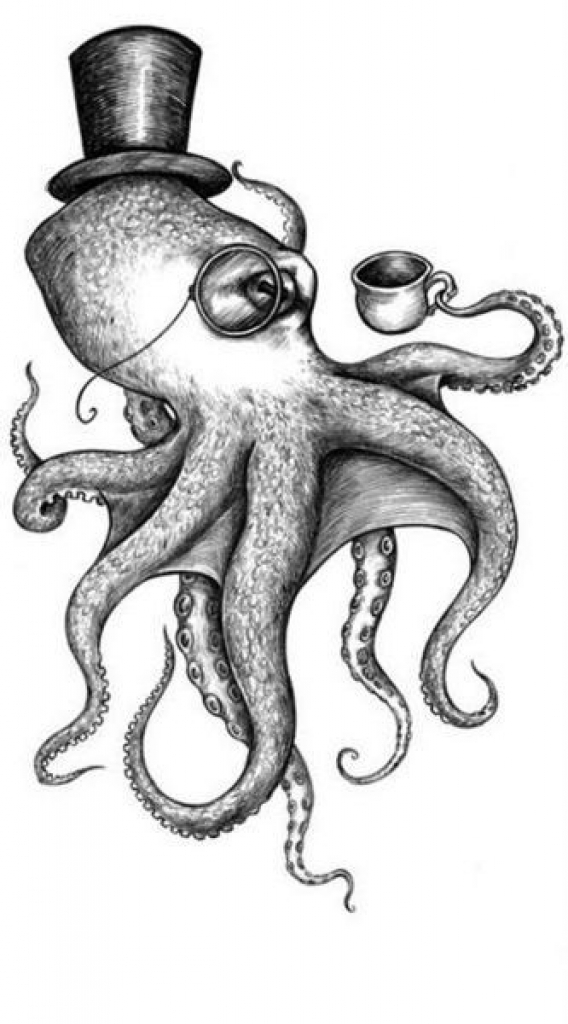Black Ink Small Gentleman Octopus Tattoo Design