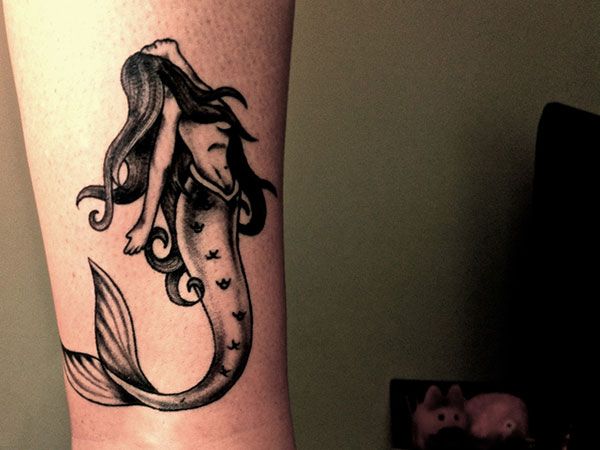 Black Ink Small Mermaid Tattoo Design For Sleeve
