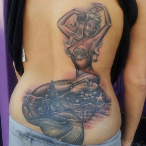 Black Ink Swimming Mermaid Tattoo On Full Back