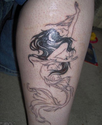 Black Ink Swimming Mermaid Tattoo On Right Leg Calf