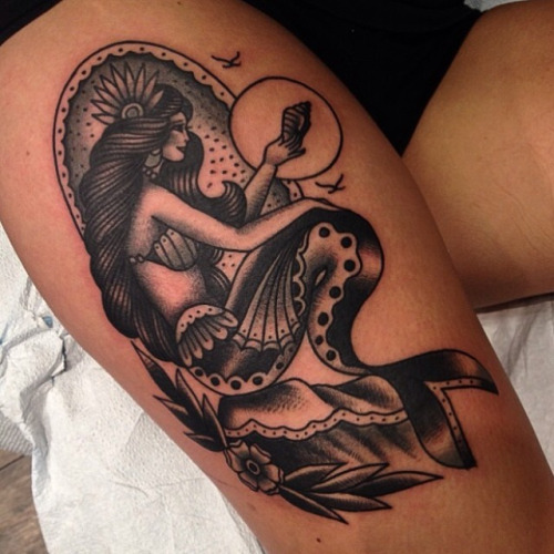 Black Ink Traditional Mermaid Tattoo Design For Thigh