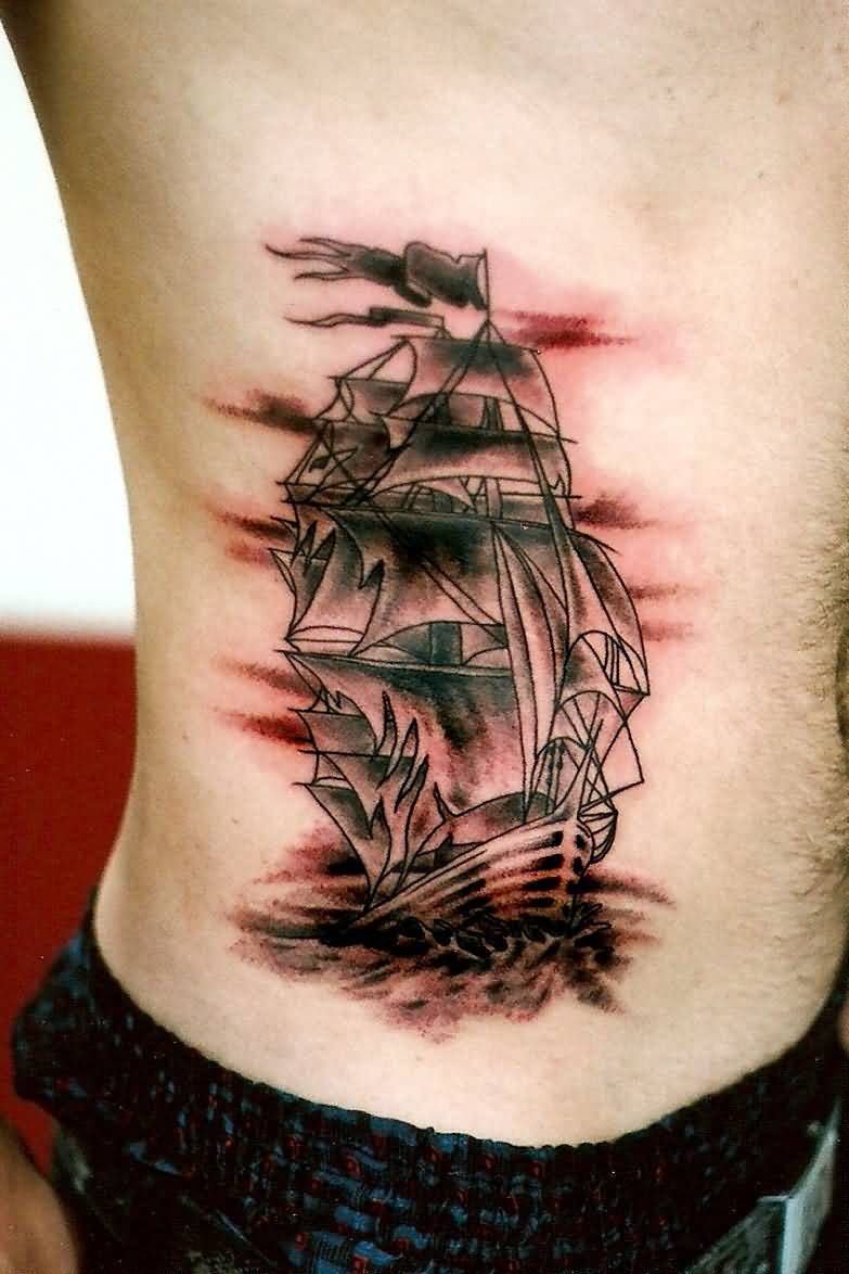 Black Ink Traditional Pirate Ship Tattoo On Man Right Side Rib