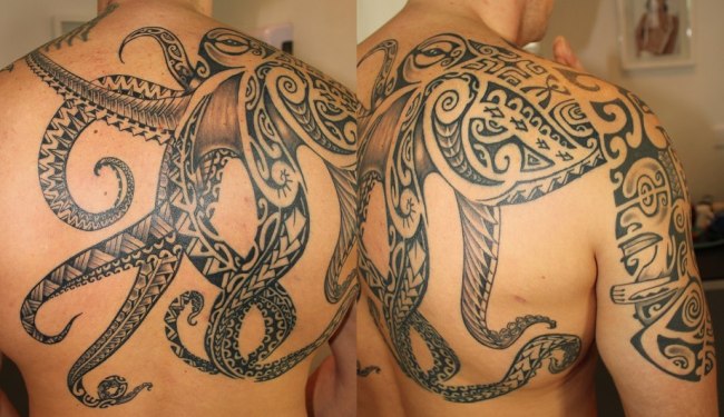 Black Maori Octopus Tattoo On Man Upper Back