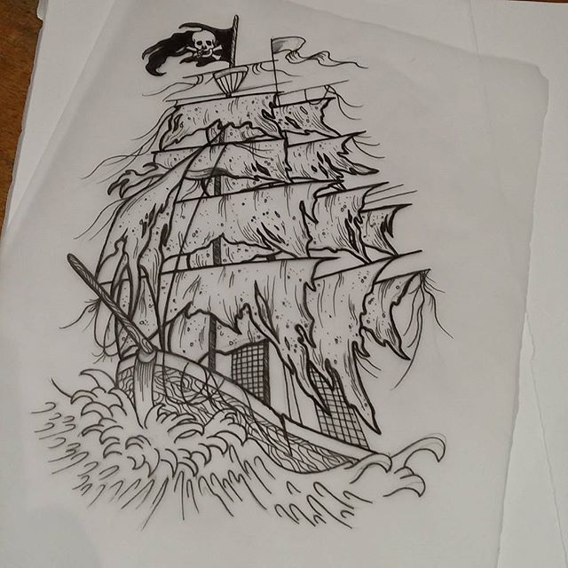Black Outline Ghost Pirate Ship Tattoo Design